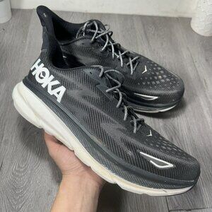 Size 15 D- Hoka One One Mens Clifton 9 1127895 BWHT Black Running Sneakers